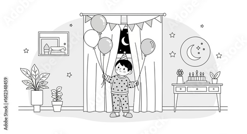 Birthday Celebration With Balloons And Cake In Minimalist Style Outline Illustration
