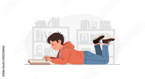 Boy Reading Book Lying On The Floor With Bookshelves In The Background