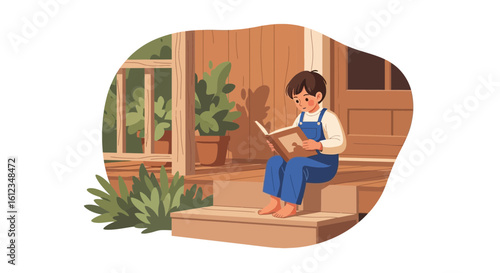 Boy Reading Book On The Porch Steps Enjoying Peaceful Afternoon Outside