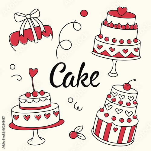 Hand drawn cake illustration with hearts and cherries for bakery shop or birthday party celebration design