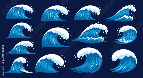 Dynamic ocean waves crashing with white foam and blue water, perfect for nautical themes and coastal designs, capturing nature's power and beauty.