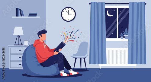 Celebratory Evening Scene Man Launching Confetti In Cozy Indoor Setting