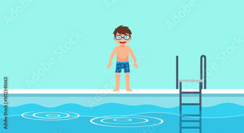 Boy Ready To Dive Into The Refreshing Blue Water Of A Swimming Pool