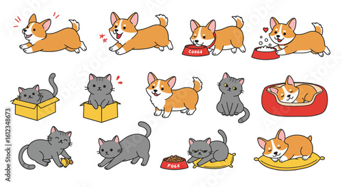 Adorable cartoon corgis and cats engage in playful activities, showcasing delightful and charming pet moments perfect for cheerful designs and animal-themed content.