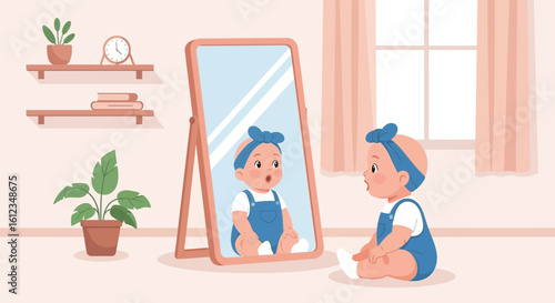 Charming baby girl discovering herself in the mirror, a moment of wonder and reflection captured in a cozy interior setting