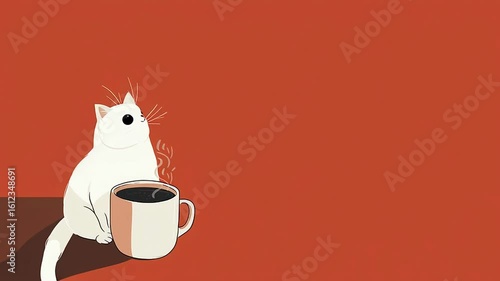 Cute white cat sitting beside a steaming cup of coffee on a wooden table against a warm orange background, creating a cozy and inviting atmosphere for relaxation