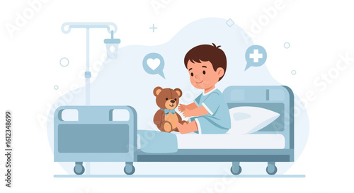 Boy Recovering In Hospital Bed Playing With Teddy Bear Illustration