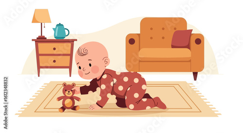 Charming vector illustration of a baby crawling towards a teddy bear in a cozy living room scene