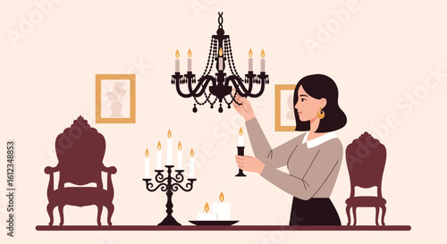 Charming Woman Lights Candles On A Chandelier For A Relaxing Evening Indoors