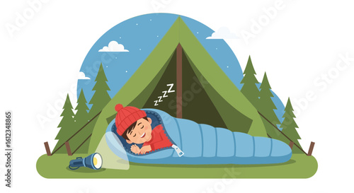 Boy Camping Sleeping Peacefully In Sleeping Bag At Night Time Outdoors