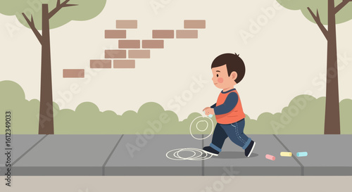 Boy Chalk Drawing Outdoor Imagination On Sidewalk At Recreation Time