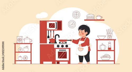 Boy Chef Cooking Delicious Meal in Kitchen at Home Cartoon Illustration