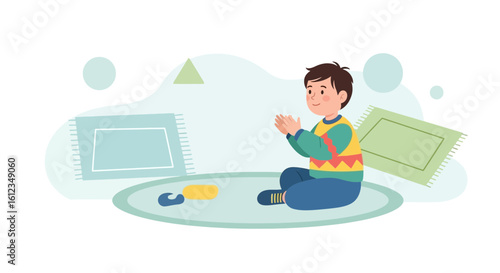 Boy Sitting In Prayer On The Rug During Ramadan Month Illustration