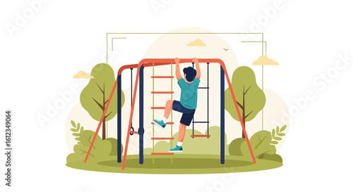 Boy Climbing Ladder At Outdoor Park Adventure Recreation Childhood Concept
