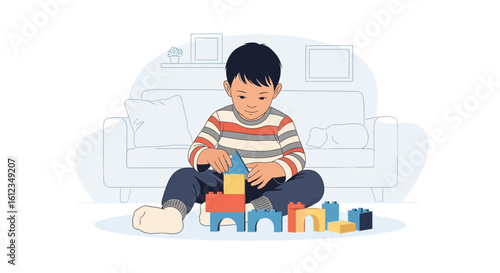 Boy Concentrating Building Colorful Tower With Toy Blocks At Home