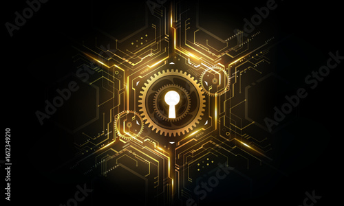 Golden glow keyhole abstract futuristic technology background with light and shiny, key of success solution, business concept, vector illustration	