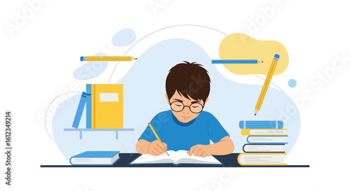 Boy Studying With Books And Pencils In Flat Design Style Illustration
