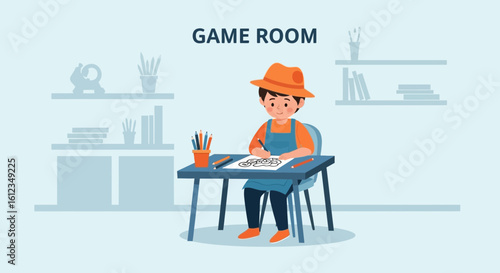 Boy Concentrating On His Drawing At Home Creativity In A Game Room