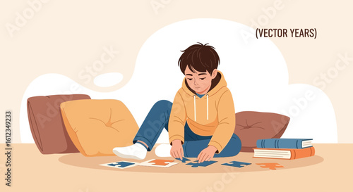 Boy Concentrating On Solving Puzzle Relaxing On Floor At Home Illustration