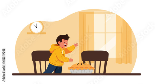 Boy Tries to Reach a Delicious Pie on the Table in the Kitchen