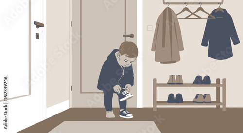 Boy Tying Shoelaces in Hallway Preparing to go Out in a Vector Illustration