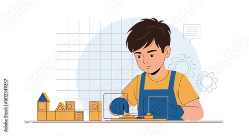 Boy Crafts Robot Using Blocks And Components In His Home Workshop