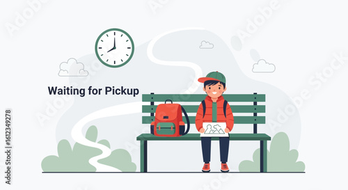 Boy Waiting On Bench With Backpack Watching The Clock Until Being Picked