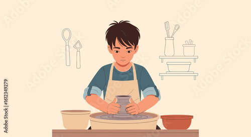 Boy Creates Pottery on a Pottery Wheel in a Workshop Setting Studio