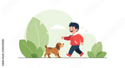 Cheerful Boy Strolling With Dog Enjoying Outdoor Activity Together