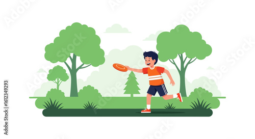 Cheerful boy throwing frisbee in park, enjoying outdoor recreation and fitness