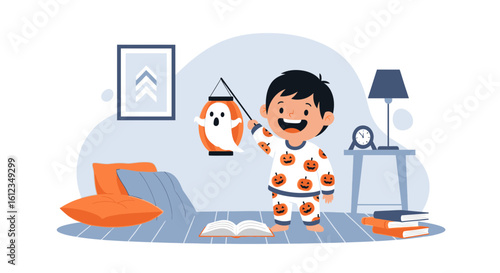 Cheerful Boy With Ghost Lantern Celebrating Halloween In His Room At Night