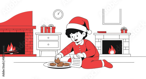 Boy Dressed As Santa Eats Cookies Near The Fireplace On Christmas Eve