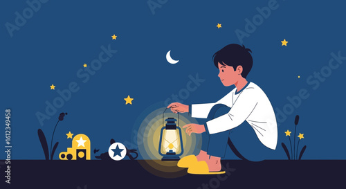Boy With Glowing Lantern Sitting Under Starry Sky At Night Graphic