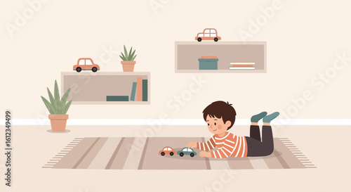 Boy Engaged In Imaginative Playtime Lying On Rug With Toy Cars At Home