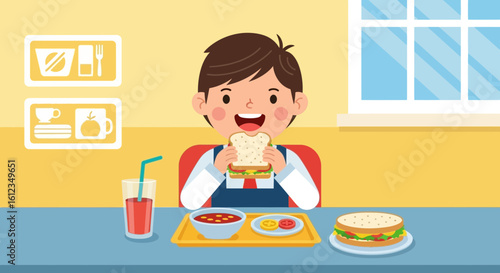 Boy Enjoying Lunch At School Canteen Having Sandwich And Juice Meal