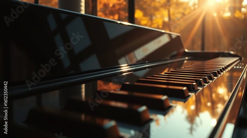 Piano closeup with sunset light background 