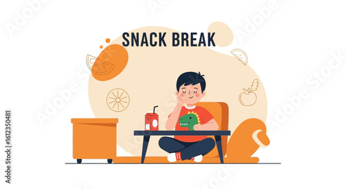 A child is taking a break with a juice and a dinosaur toy next to the table after school