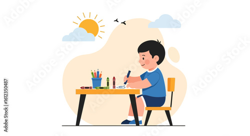 A cheerful young boy is immersed in drawing at his desk surrounded by art supplies and sunlight