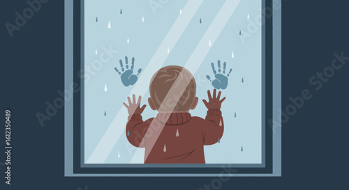 A Child's Rainy Day Perspective: Longing Stare Through the Windowpane Scene Depiction