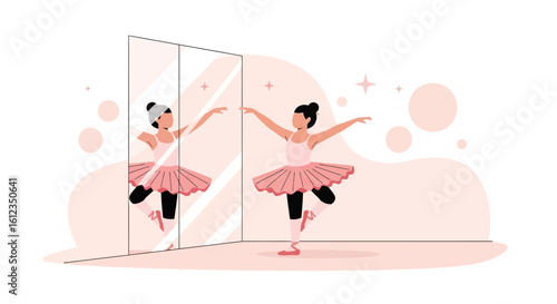 A graceful ballerina practices ballet in front of a mirror in a studio, illustration