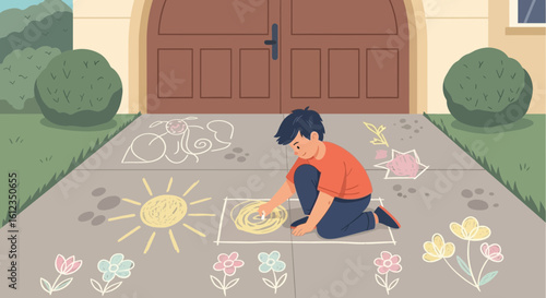 A happy young boy joyfully drawing with colorful chalk on a driveway canvas outdoors