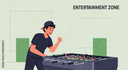 A happy young man plays foosball in an entertainment zone with a positive attitude and expression on his face