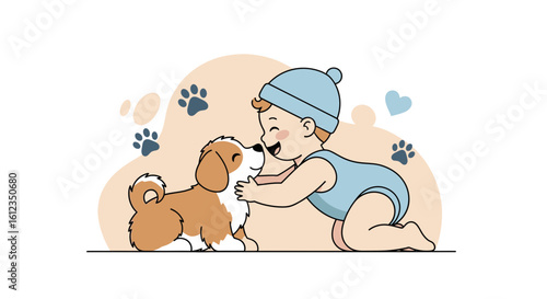 A heartwarming illustration of a baby bonding with their puppy in a sweet embrace representing childhood friendship and love