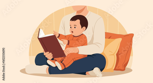 A heartwarming illustration of a father reading a book to his baby son indoors showcasing family bonding and early learning