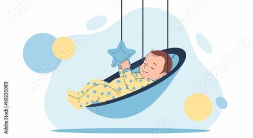 A serene vector illustration depicts a baby peacefully sleeping in a hammock cradle