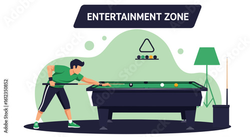 A vibrant illustration showcases a man enjoying a game of pool in his entertainment zone