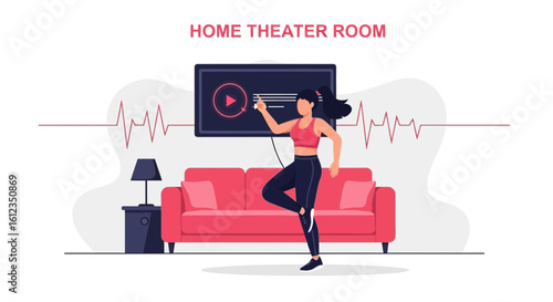 A woman dancing in a home theater room enjoying music and entertainment technology