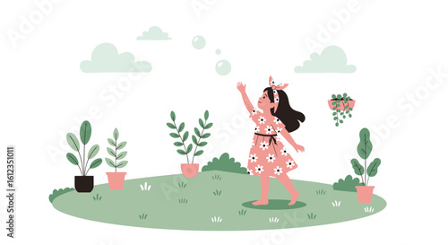 A Young Girl Playing with Bubbles in a Garden Full of Potted Plants