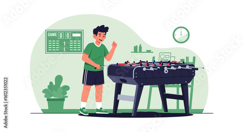 A young man is playing foosball in his house, a fun and engaging indoor game enjoyed by people of all ages