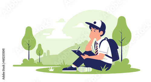 A young student taking a break in the park to study and contemplate his future educational plans